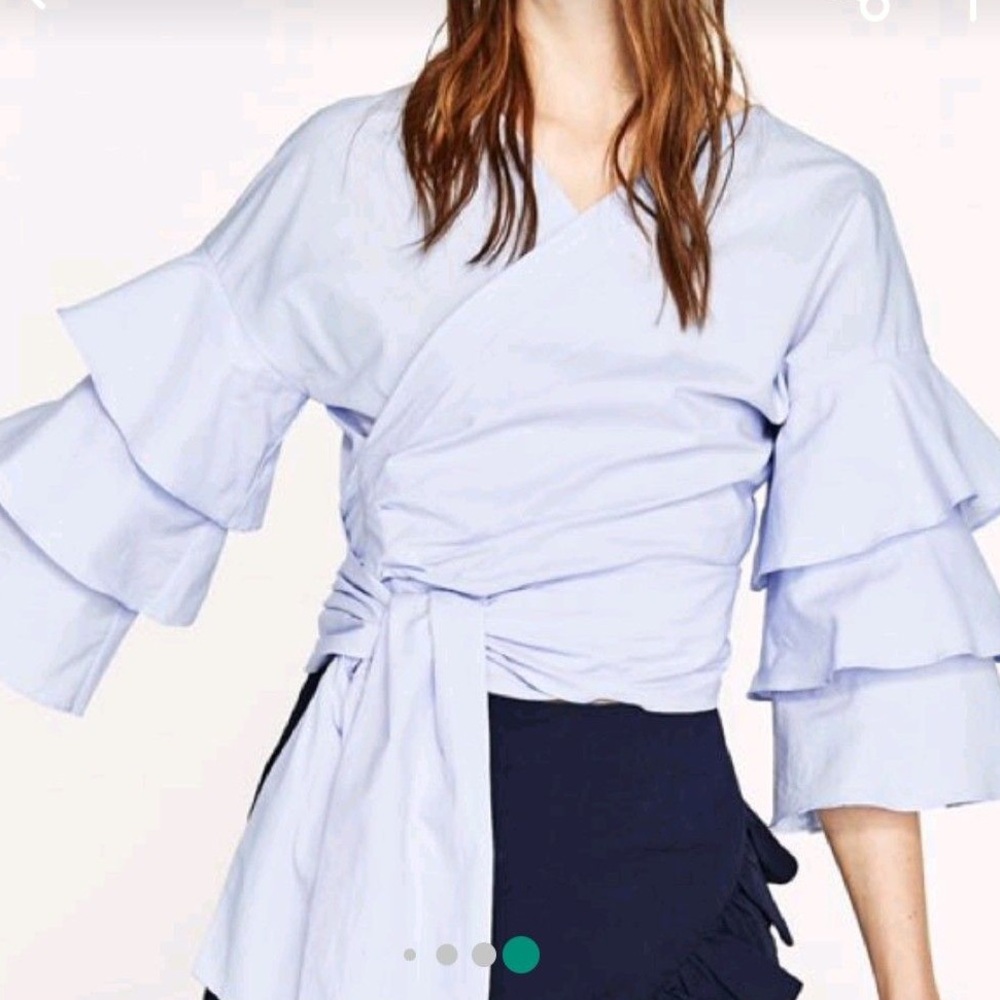 Zara light blue ruffle sleeve bow tie front blouse XS